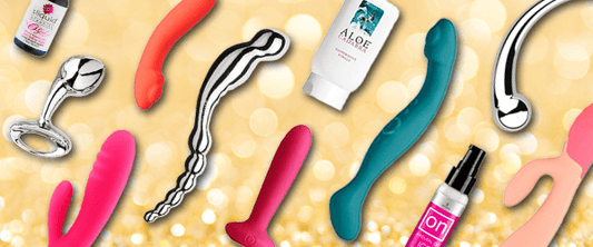 Several toys highlighted throughout this blog sit in a pattern atop a gold glittery background.