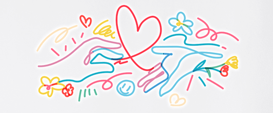 An illustration of two hands reaching toward each other. A heart grows from between their hands, and around them is hearts, flowers, smiley faces, and decorative spirals.