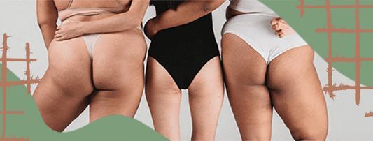 Three people stand facing away from the camera. The photo is focused on their butts and the top of their thighs. They are a range of skin tones and sizes, and each wears a different neutral color of underwear. The background is gray.
