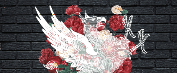 A white drawing of a griffin with outstretched wings in front of red flowers growing up a black brick wall.