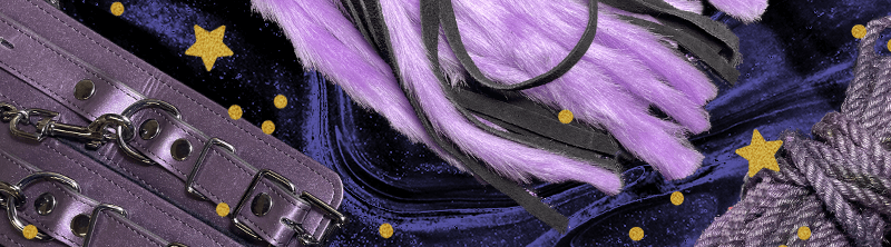 Purple vegan leather cuffs, a purple fluffy flogger, and purple jute rope sit atop a purple and black swirled background with gold stars adorning the image.