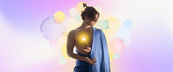 A person wrapped in blue fabric stands in front of a background made of abstract colors overlapping and blending into one another. The person's hands are outstetched, with one holding a glowing orb that floats above their hand. Toys for Trans folks image.