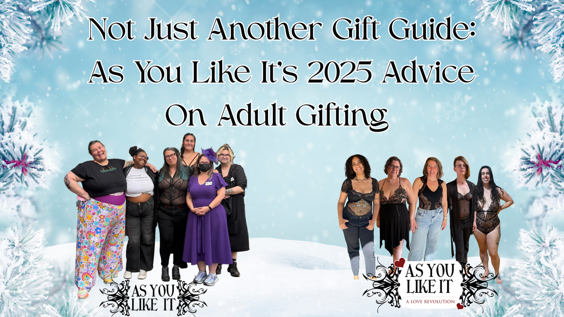 a snowy background edged in pine. Type spelling out the title of the blog. Below that stand a group picture of the eugene store staff on the left with the eugene logo, and a group photo of the ashland staff on the right with the ashland logo. 