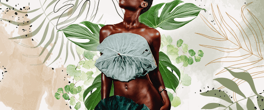 A black person stands with large green leaves covering their chest and pubic area. Behind them, more green leaves grow. The background is beige and white colors with green and brown leaf shaped illustrations around the edges.