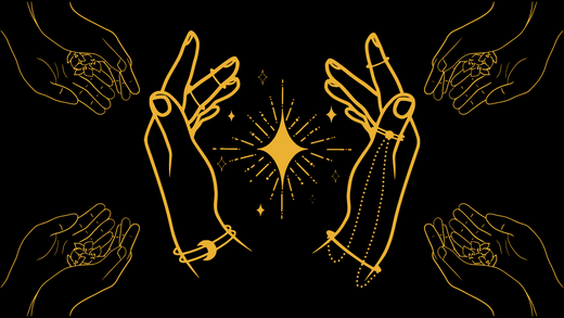 a black background with gold hands, some offering flowers and some holding a star.