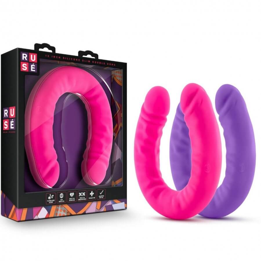 Ruse double ended dildo in both purple and pink, packaged and seperate.