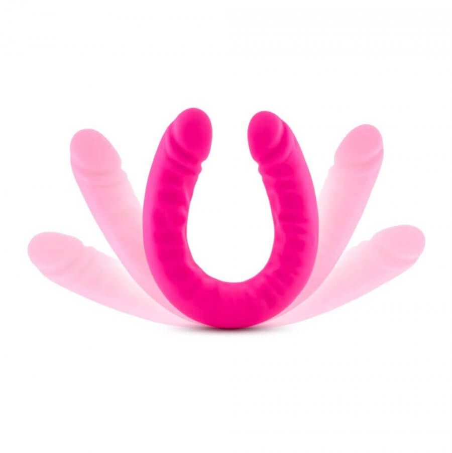 Ruse double ended dildo in pink, showing the range of motion.