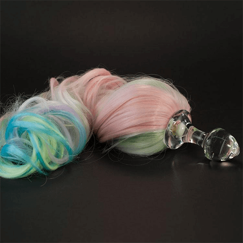 Glass Plug with Removable Pony Tails in Rainbow Swirl