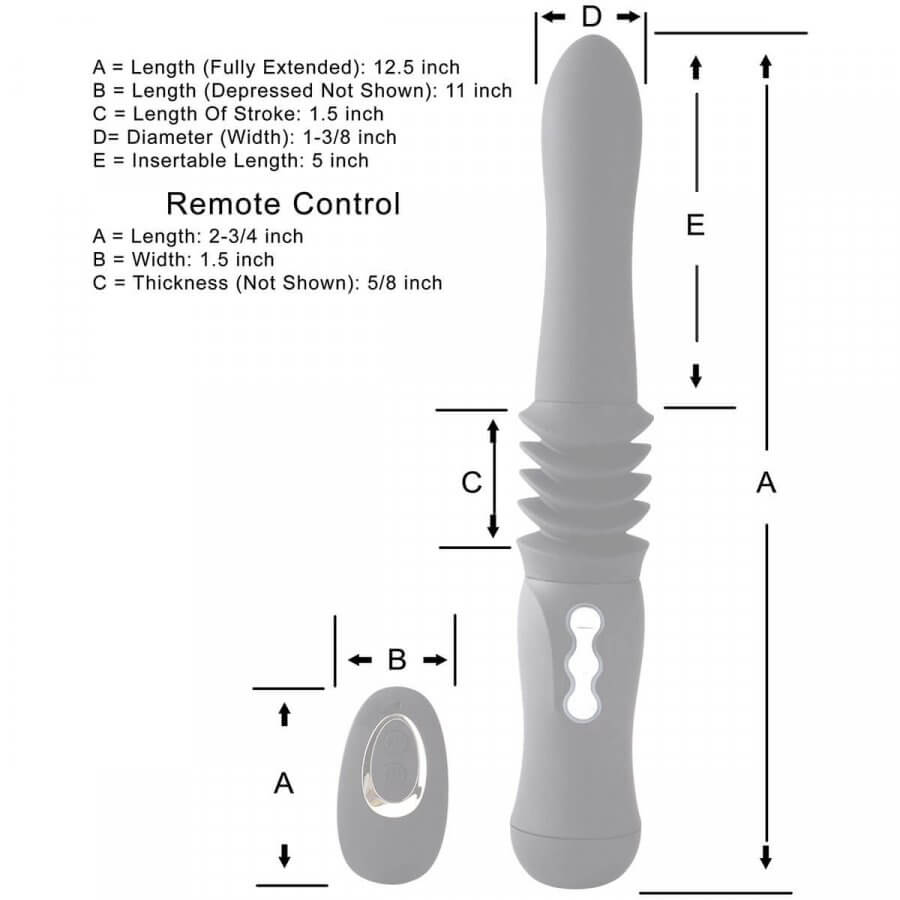 Max thruster with sizing guide for both the toy itself and the remote.